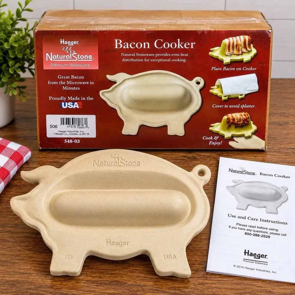Haeger NaturalStone Pig Bacon Cooker Stoneware Microwave USA Original Box Manual